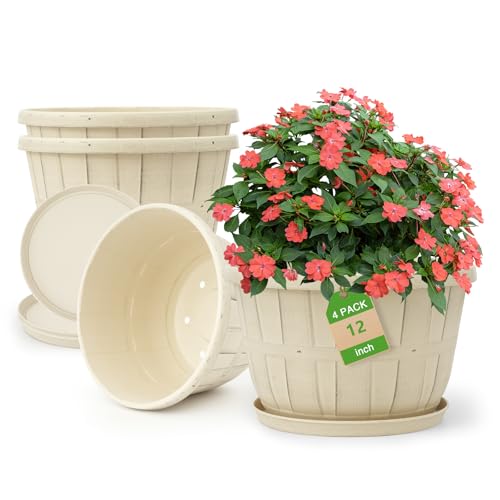 Quarut 12 Inch Large Planter Pot for Plants Indoor Outdoor, 4 Pack Plastic Flower Pots With Drainage Hole &amp; Tray, Modern Decorative Garden Pot With Saucer, Plant Container for House&#65288;white&#65289;