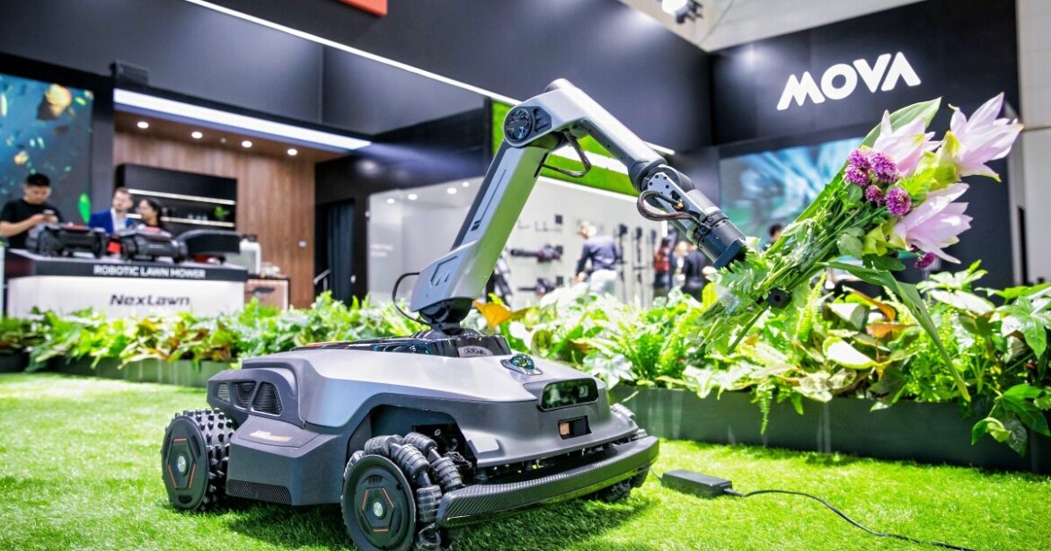 Robo-mower with arm transforms garden maintenance