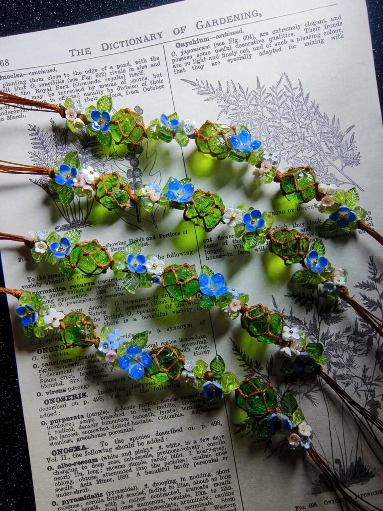 I wove some bracelets using crystals and waxed cord. Don’t they look like vines trying their best to grow? 🌿