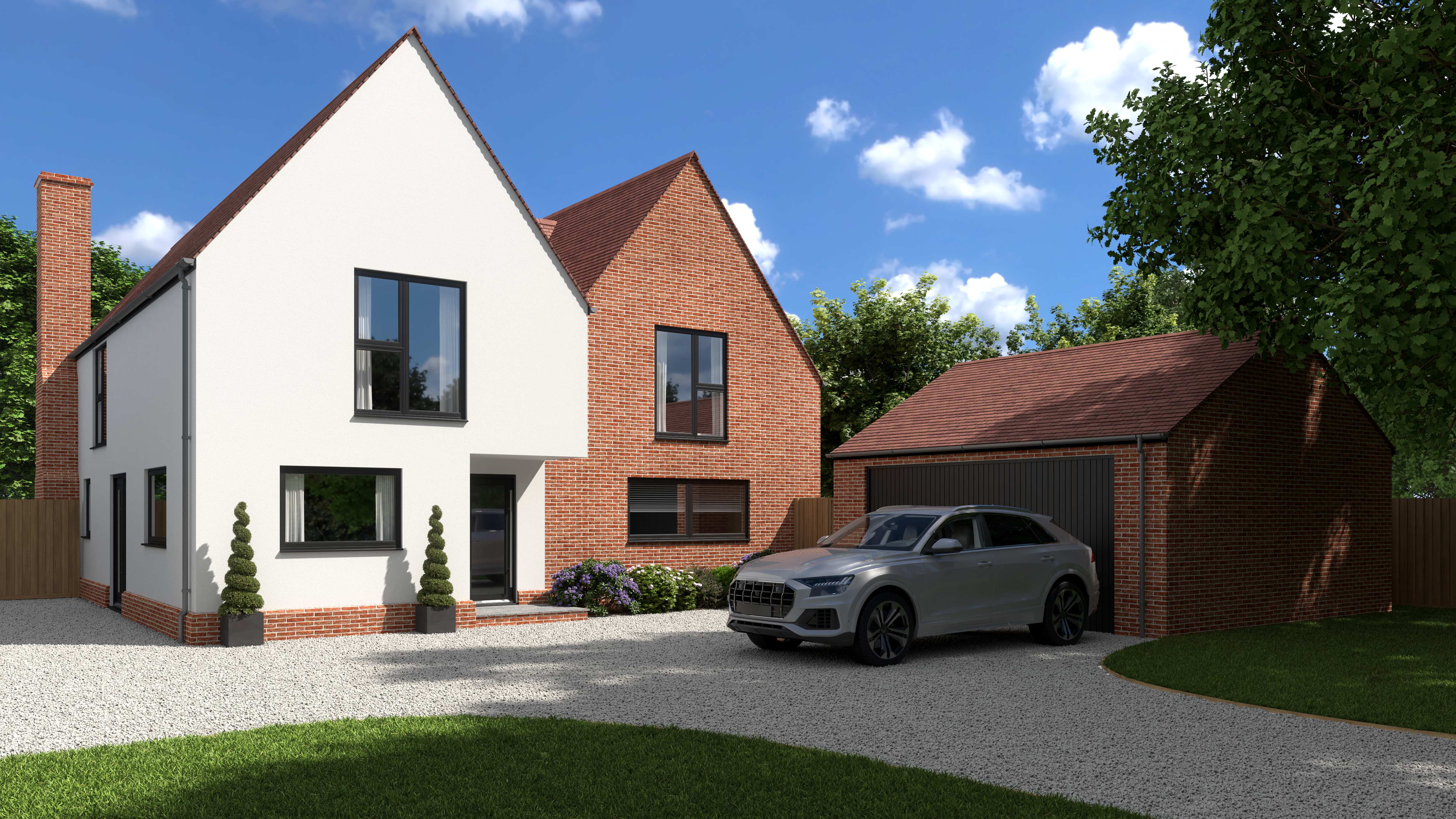 Illustration of a modern house in Bentley with white and brick facade, a gravel driveway, and a silver car.