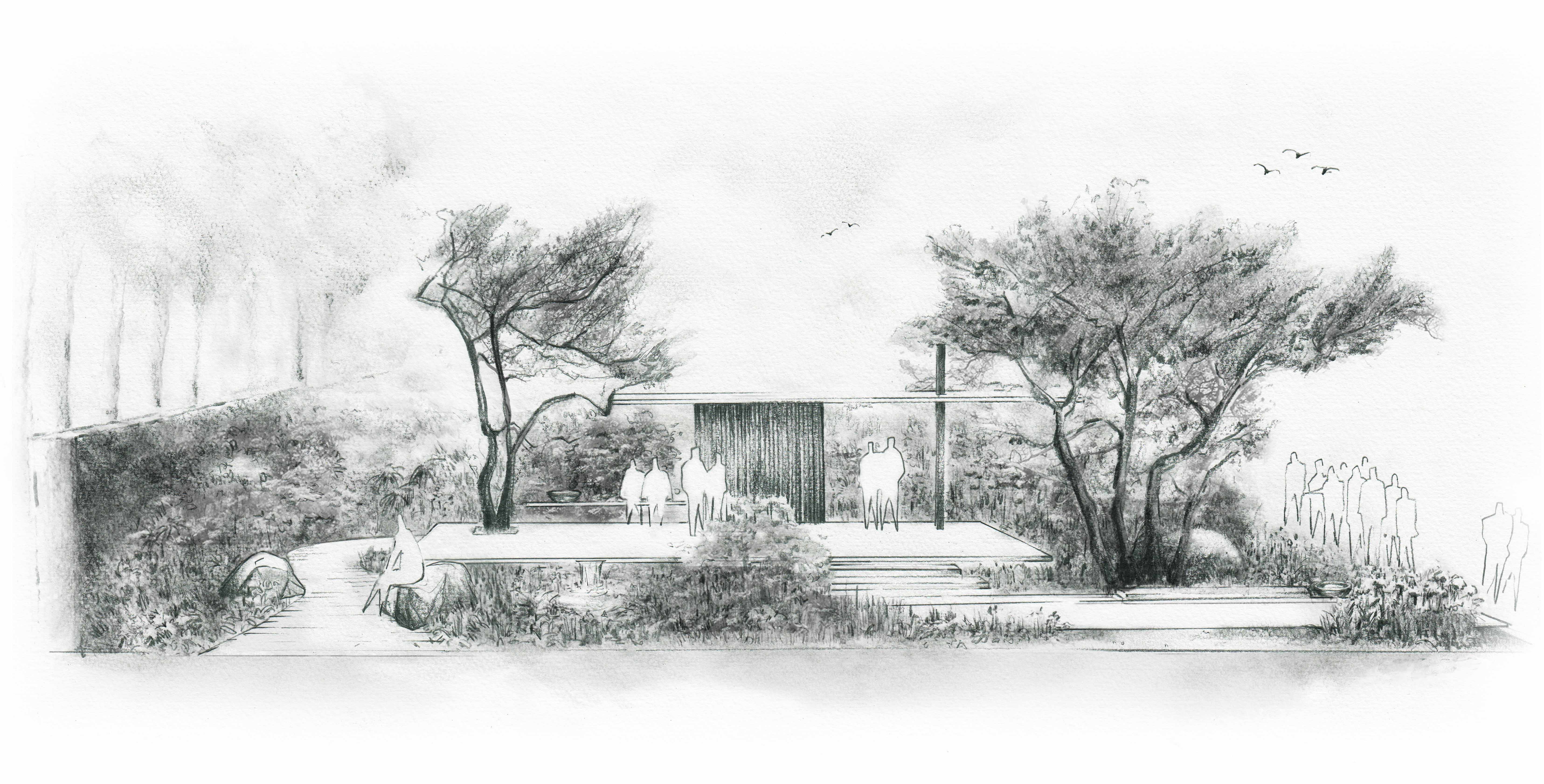 Illustration of a garden design with a modern building, trees, and abstract figures.