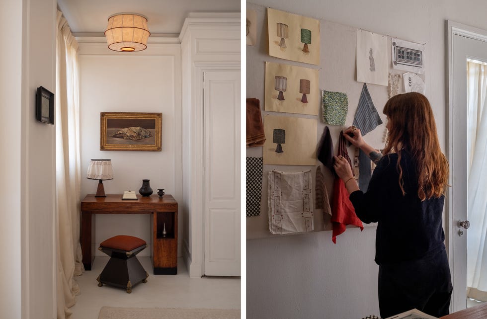 Interior image featuring fabric flush mount light and designer with moodboard