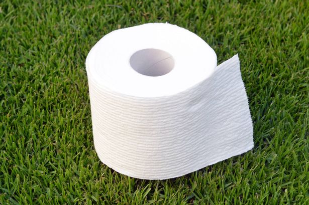 Closeup of a roll of toilet paper on a lawn in the great outdoors symbolizing the call of nature in the wild.