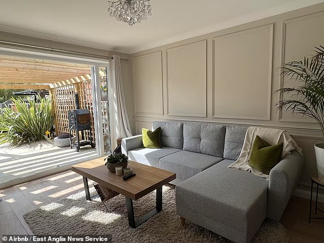 Chandler Harrod, 25, describes his two-bedroom bungalow, which he rents out as an Airbnb , as 'a coastal getaway with a sauna and hot tub' in Ormesby St Margaret near Great Yarmouth, Norfolk