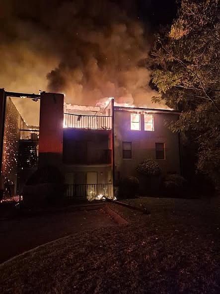 Catoosa County Government / Heavy flames engulf the upper level of the Germantown Garden Apartments in East Ridge.