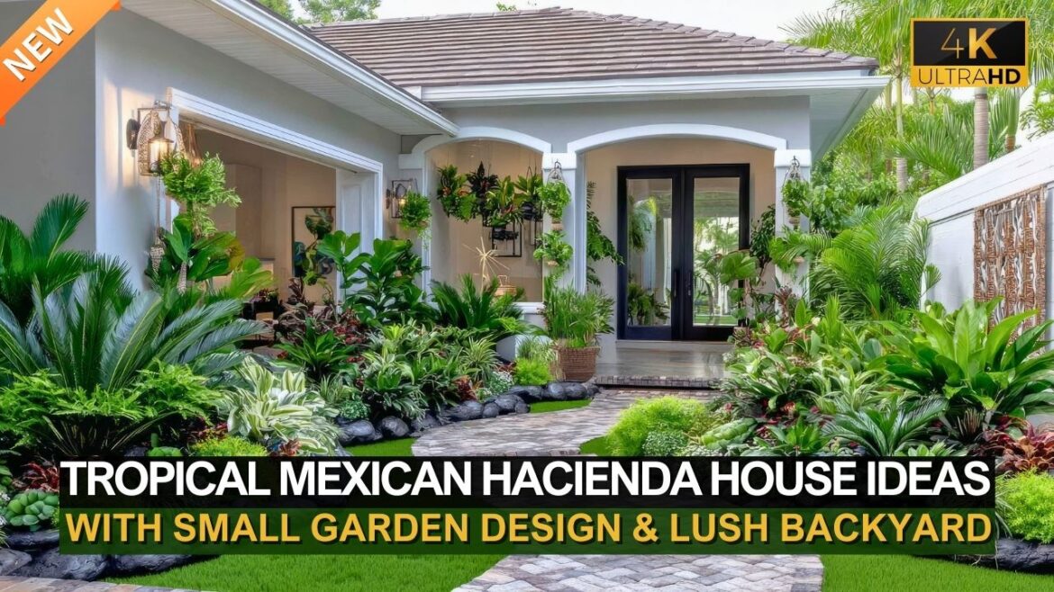 Tropical Mexican Hacienda House with Small Garden Design & Lush Backyard Ideas