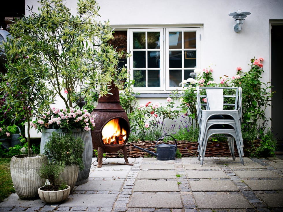 garden terrace and fireplace