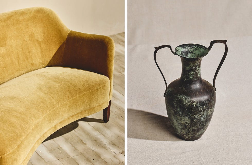 mustard settee detail in velvet and verdigris vase
