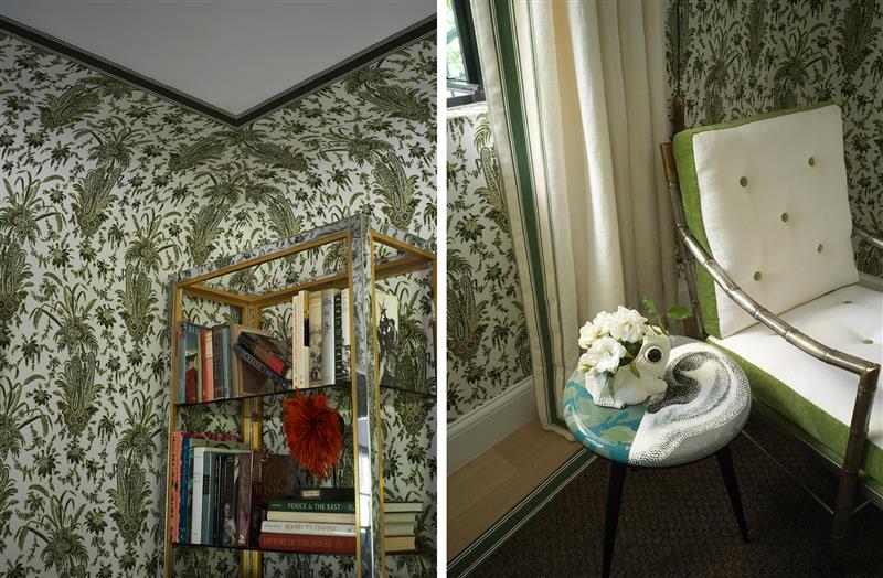 green and white chair in front of window and curtain