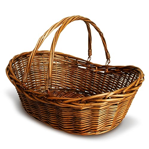 Wald Imports - Medium Wicker Basket With Handle - Dark Brown Hand Woven Harvest Basket - Wicker Flower Basket for Storage, Picnics, Easter, Organizing, and More (17 X 6.5 Inches)