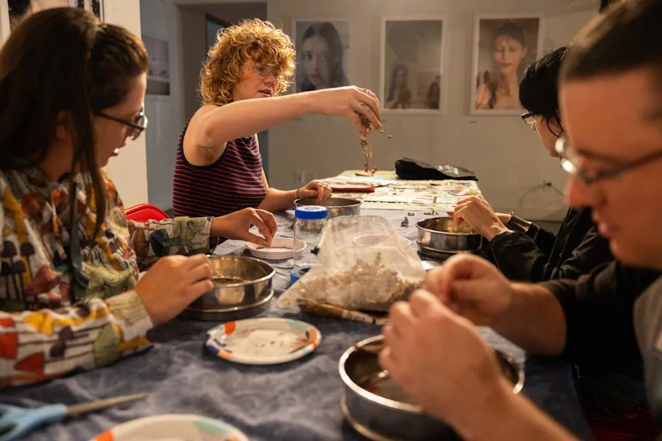 Juno Stilley reaches for a dried bundle of stems while sorting seeds.
