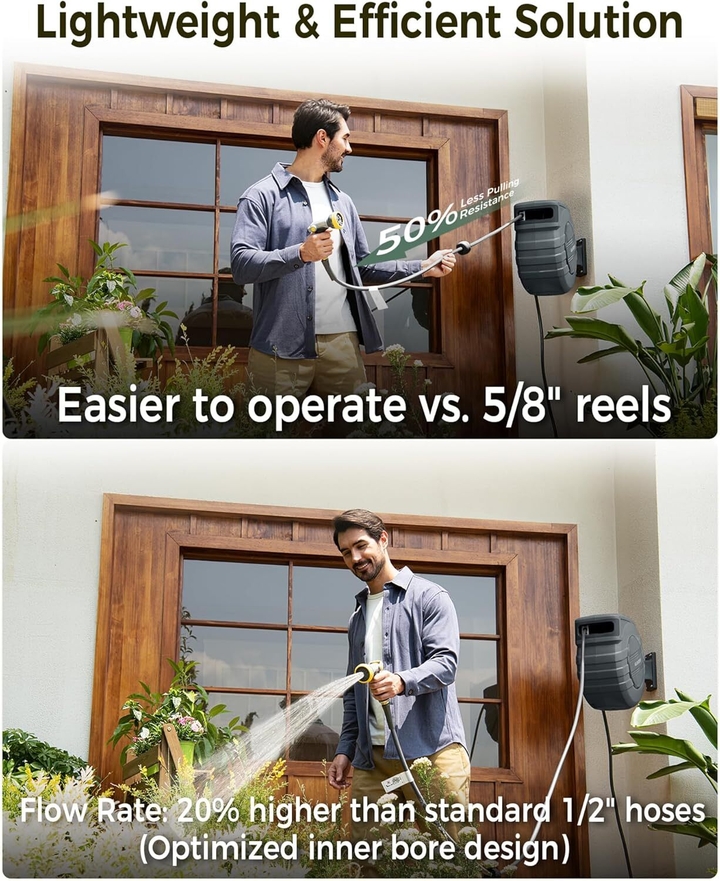 The hose can be wall-mounted, making it easy to use and store thanks to the retractable design.