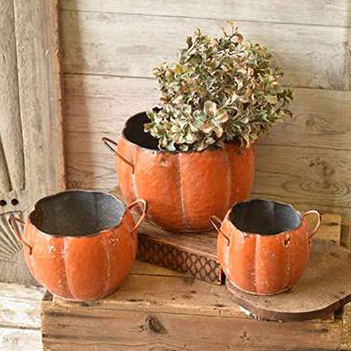 One Holiday Way Set of 3 Rustic Orange Metal Pumpkin Shaped Planters With Handles &ndash; Country Harvest Decorative Flower Pots - Fall Farmhouse Floral Plant Decor for Home, Garden, Front Porch
