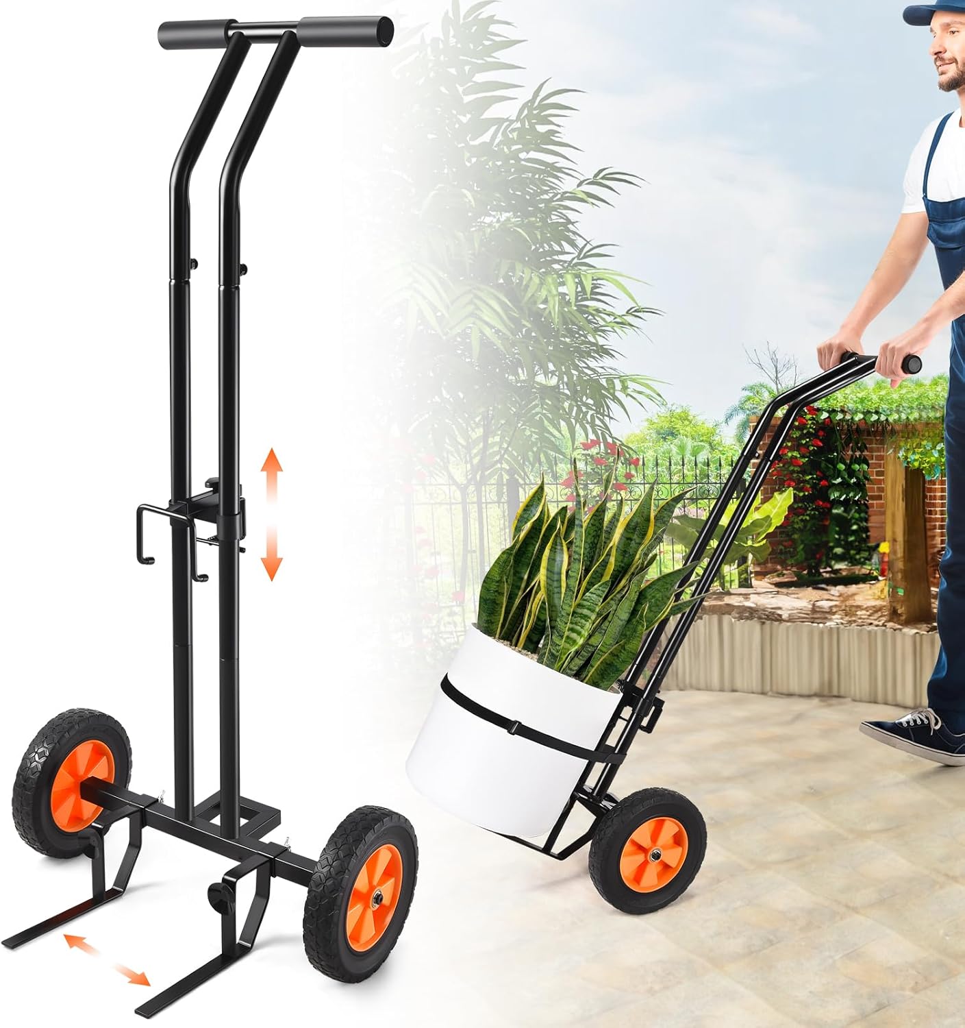 Plant Caddy With Wheels, Heavy Duty Plant Dolly Cart With Adjustable Grabbing Arm and Suction Cups for Plant Pots, Garden Pot Mover Trolley Cart With Strap, Ideal for Indoor and Outdoor Use, Black