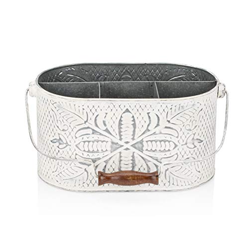 Craftsman Road Distressed White Metal Caddy &ndash; Farmhouse Galvanized Kitchen Organizer With Handle &ndash; Vintage Rustic Multi-Compartment Holder for Napkins, Plates, Cutlery, Flatware, Cleaning Supplies