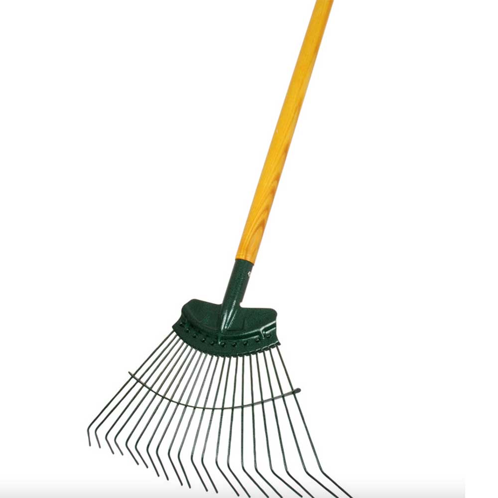 Metal garden rake with wooden handle
