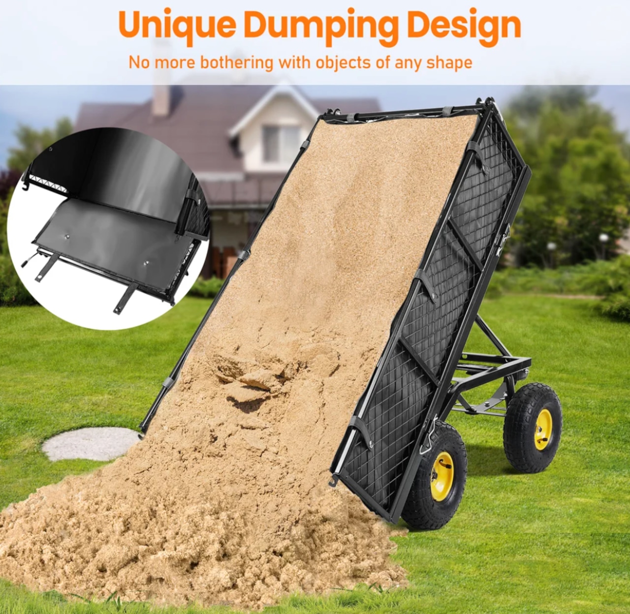 A product image showcasing the features and benefits of the VECUKTY Heavy Duty Steel Garden Cart.