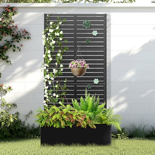 Metal Raised Garden Bed With Trellis, 2 in 1 Trellis With Planter Box &amp; Privacy Screen for Climbing Plants, Vine, Outdoor Standing Flower Beds With Drainage Holes, 35.4"l X 15.7"w X 70.9"h, Black