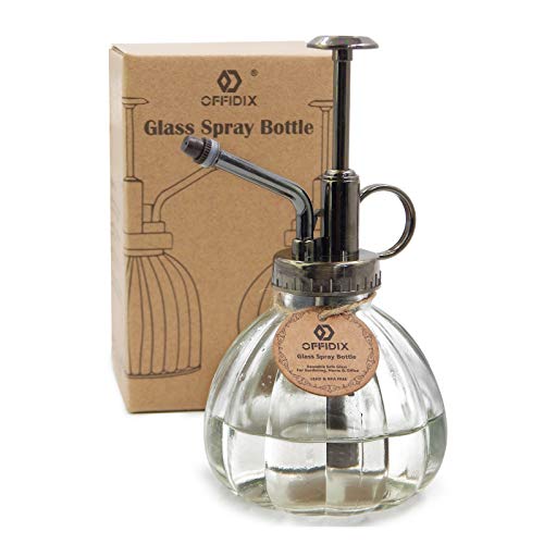 Offidix Transparent Glass Watering Spray Bottle, 6.3 Inches Tall Vintage Style With Bronze Plastic Top Pump One Hand Plant Mister Glass Watering Can Indoor