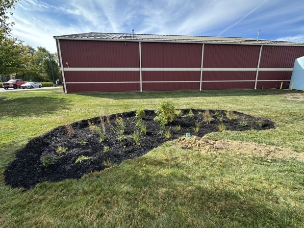 A completed rain garden is pictured at the Painesville Township Service Department garage after it was installed on Oct. 2. (Courtesy of Laura Bonnell)
