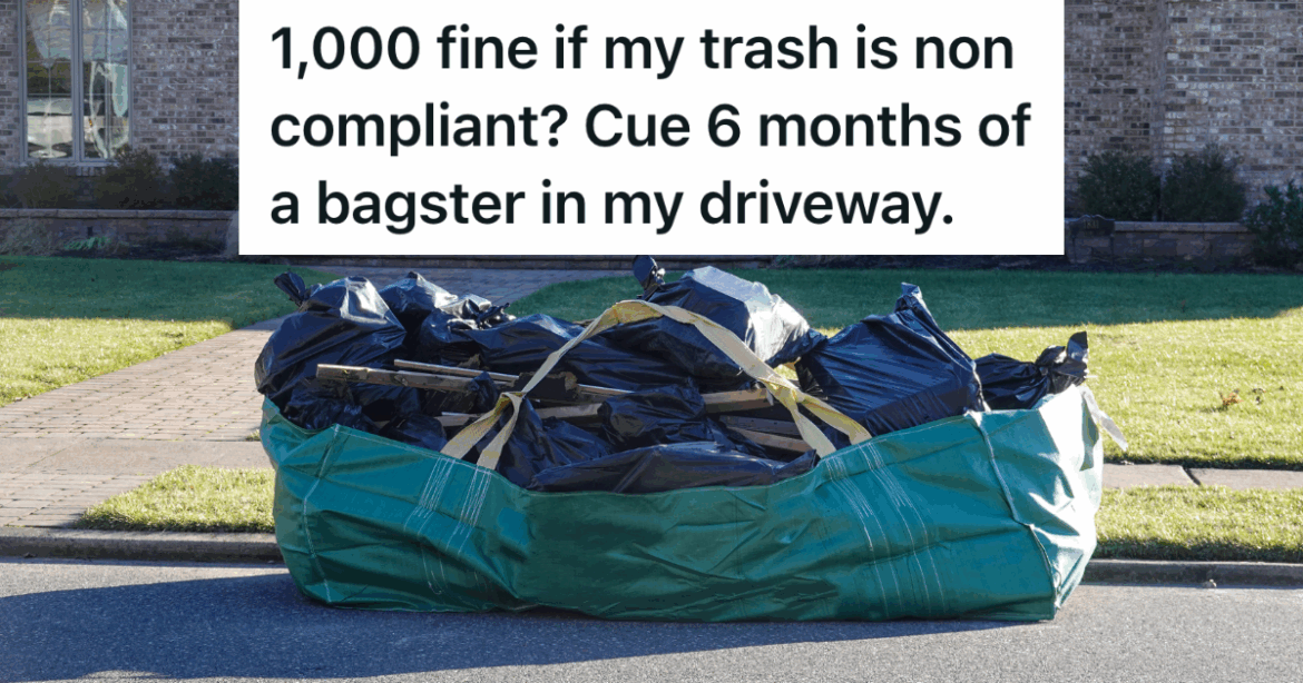 Annoying Neighbors Alert Township About Homeowner’s Trash In The Carport, So The Homeowner Makes The Trash Removal Take As Long As Possible » TwistedSifter bagster on curb outside house