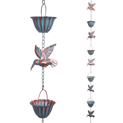 Jiadexin Rain Chains for Gutters, 8.8 Ft Rain Chains With 8 Cups &amp; 9 Hummingbird Decor, Rain Barrels to Collect Rainwater From Gutter, Gutter Downspout Extensions