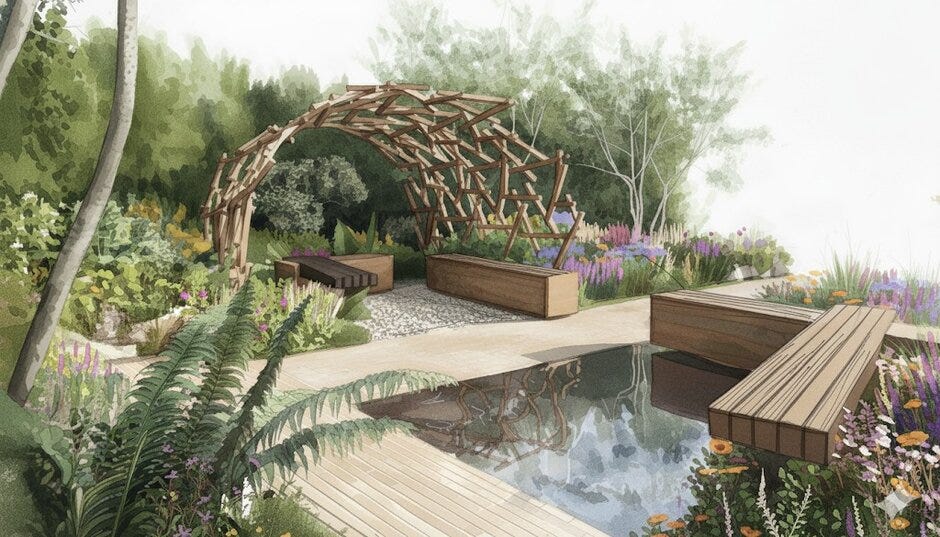landscape design featuring a wooden structure and seating area among lush greenery