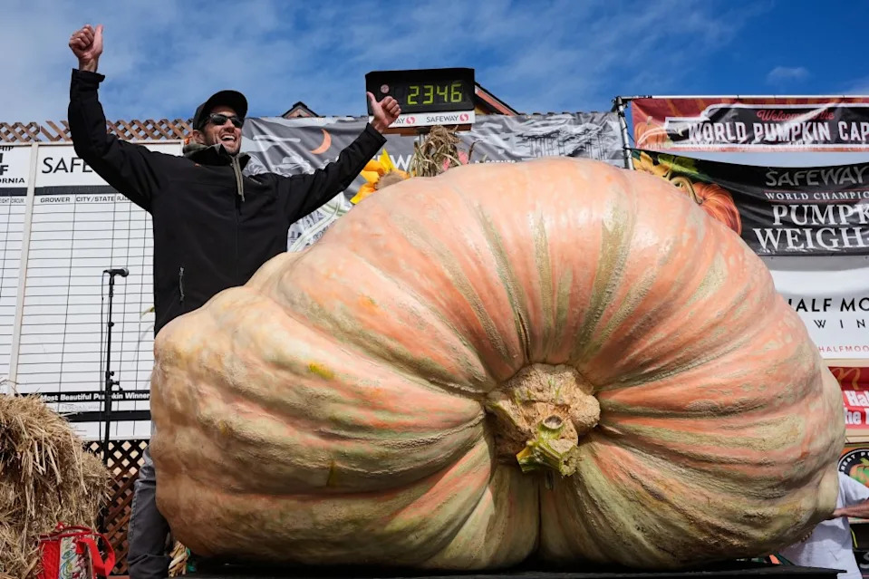 Brandon Dawson celebrating his win at the Safeway 52nd annual World Championship Pumpkin Weigh-Off in Half Moon Bay, California. AP