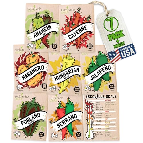 Hot Pepper Seeds for Planting - 7 Heirloom Chili Pepper Seeds Variety Packets Garden Seeds for Planting Cayenne Anaheim Hungarian Wax Pepper Habanero Serrano Poblano, &amp; Jalapeno by Sustainable Sprout
