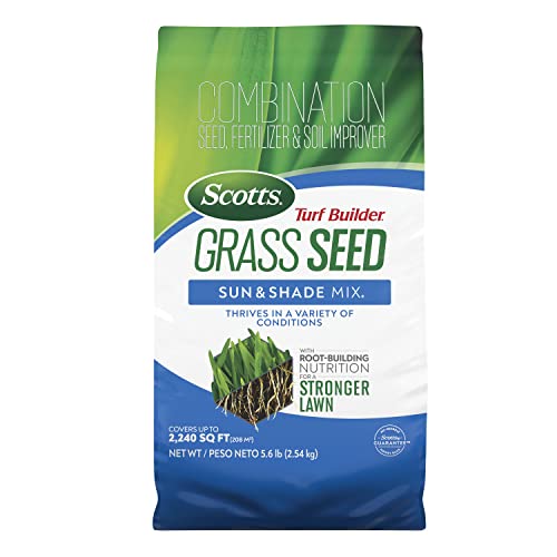 Scotts Turf Builder Grass Seed Sun &amp; Shade Mix With Fertilizer and Soil Improver, Thrives in Many Conditions, 5.6 Lbs.