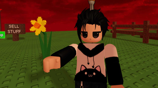 A character next to a flower in Grow a Garden.