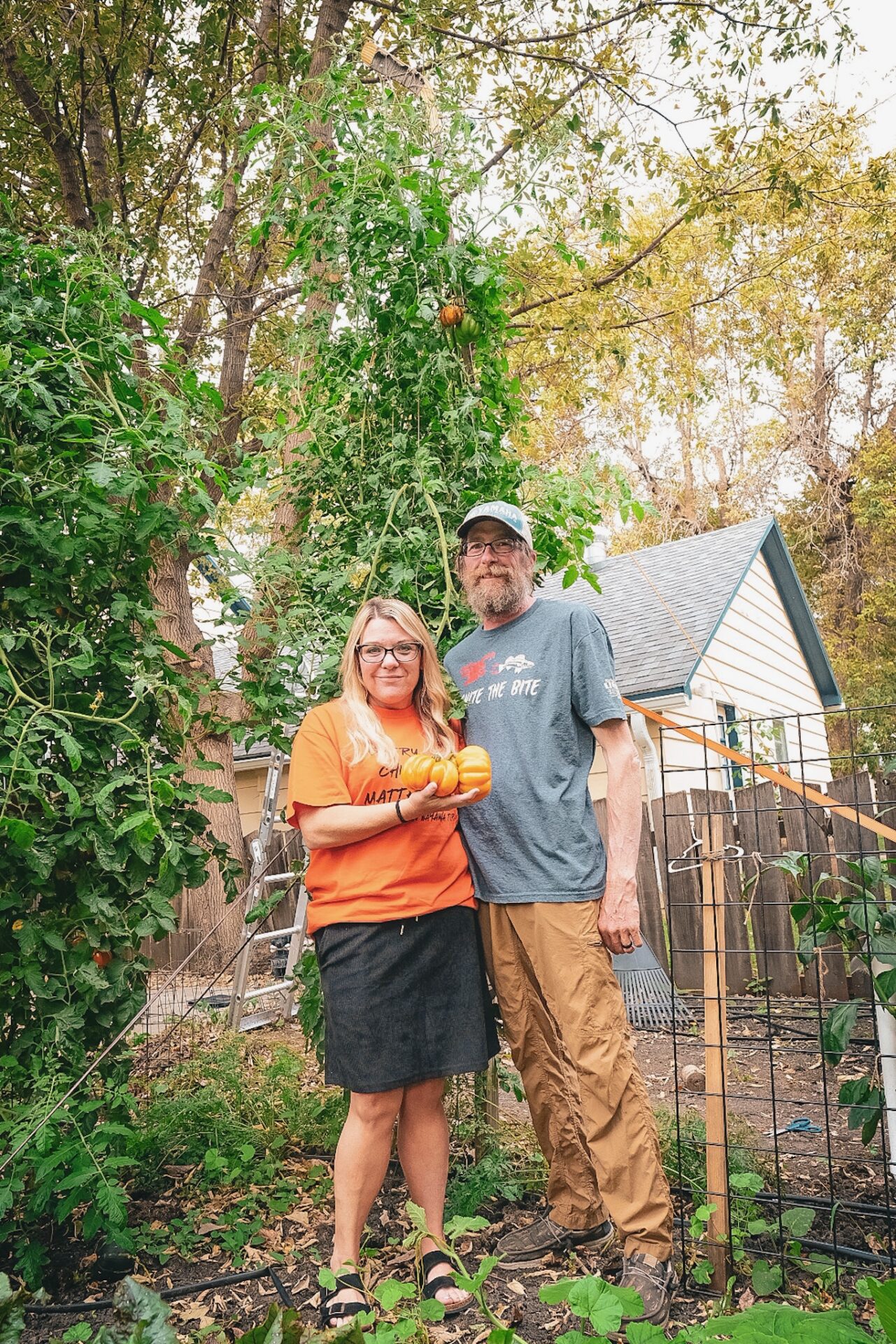 Webster residents Dan and Becca Kruger pose in front of their 12-foot-tall orange accordion tomato plant Sept. 30. Becca Kruger said plants of this variety normally grow 3 to 4 feet tall, but with a careful growth regiment their's has tripled that height. Reporter and Farmer photo by Leyton Beardslee.
