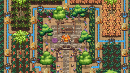 A character sits in the middle of their symmetrical farm in Roots of Pacha, one of the best farming games on PC.