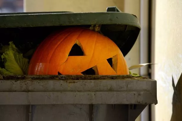 A carved pumpkin in a bin
