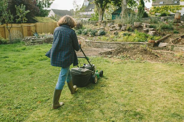 Woman mowing lawn