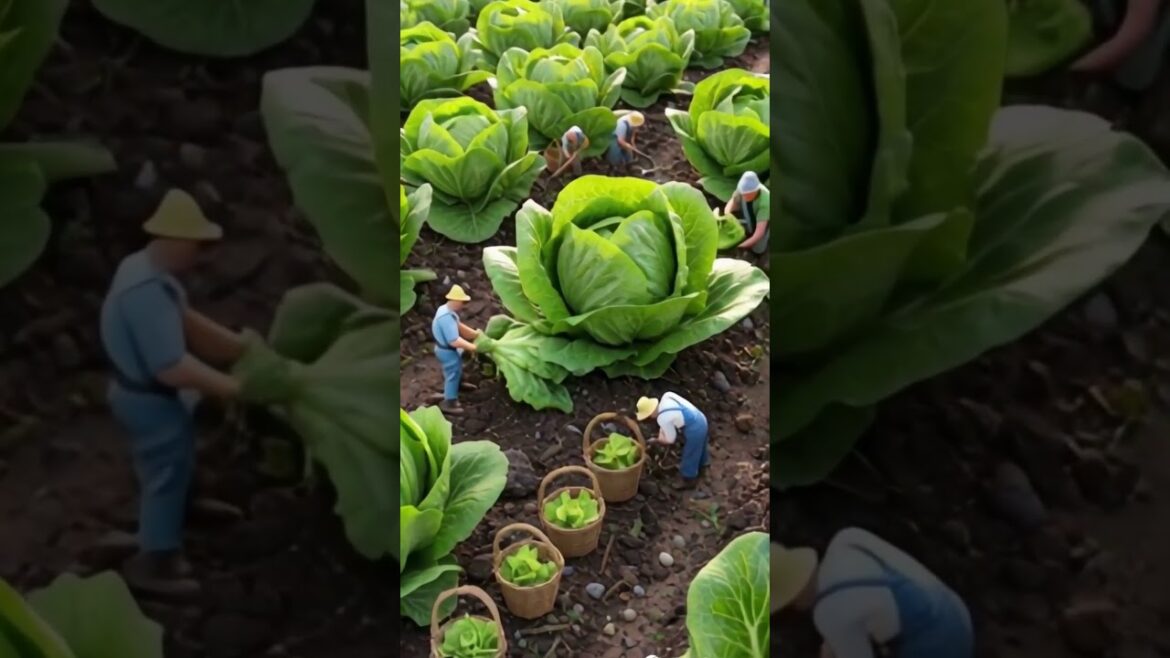 🌱 Miniature Workers Checking Growing Lettuce! 🚜 Ultra-Realistic Tiny Farming World