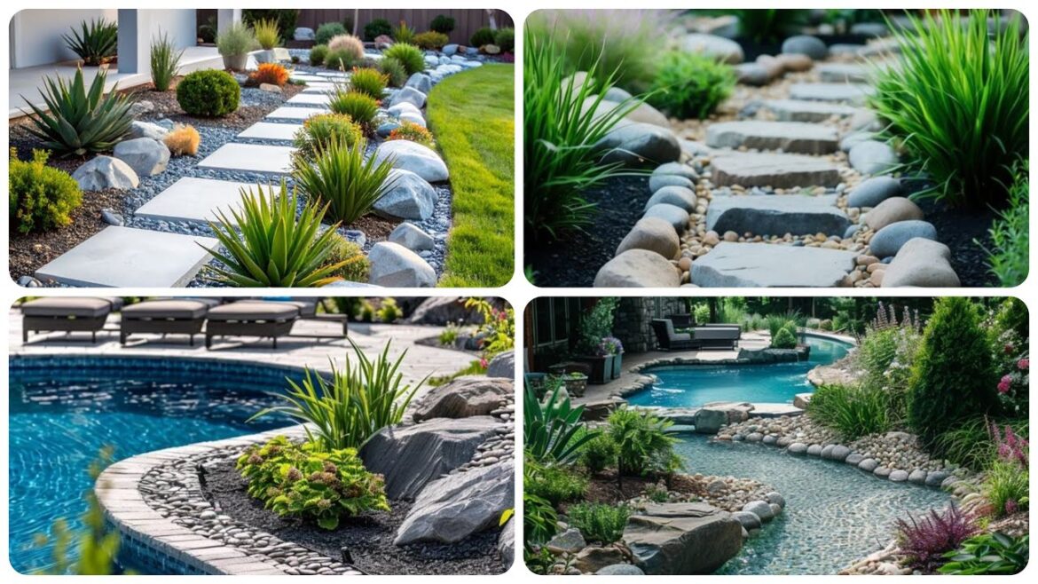 River Rock around Pool landscape Design | Backyard landscape Design with Pool | River Rock landscape