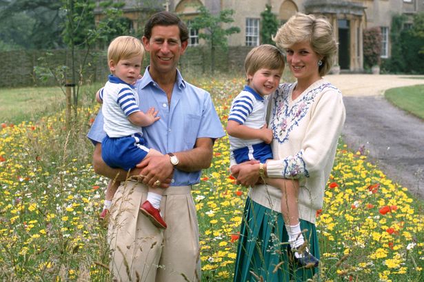 Prince Charles, Prince of Wales and Diana, Princess of Wales pose with their sons Prince William and Prince Harry in the wild flower meadow at Highgrove on July 14, 1986 in Tetbury, England. (Photo by Tim Graham Photo Library via Getty Images)