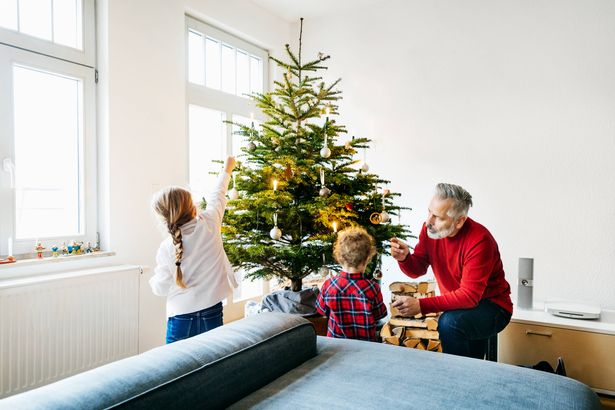 A grandpa spending some time with his grandchildren and getting ready for the holidays, decorating the Christmas tree.
