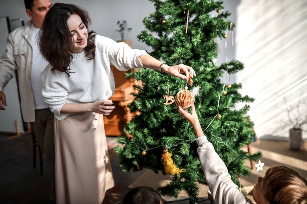 Family with one child is preparing for Christmas. Middle-aged parents put up Christmas tree at home in bright, minimalist living room with their son and child.