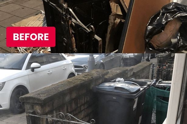 Before and after images of the rubbish stored in the front garden of supported accommodation in Handsworth