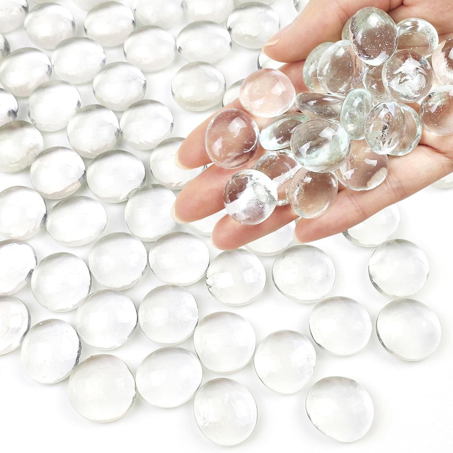 Fantian 1lb Clear Glass Beads for Vases, 100 Pcs Glass Pebbles, Clear Flat Glass Marbles for Vase Filler Flower Candle Crafts Centerpieces and Wedding Decoration