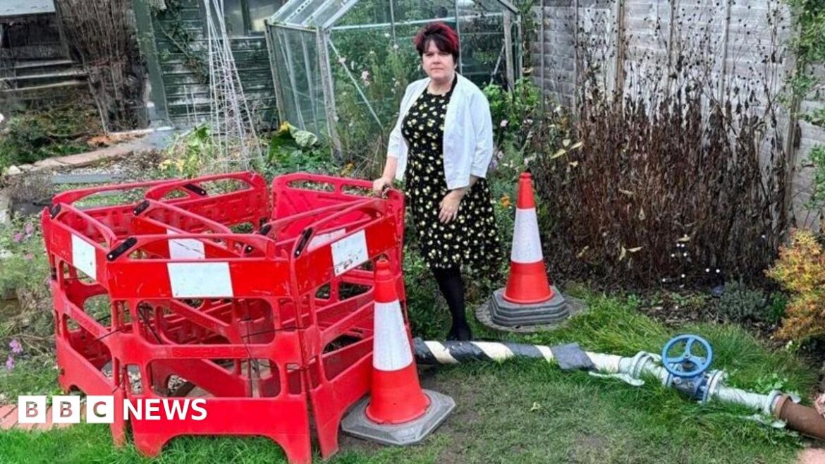 ‘Nightmare’ Pamber Heath garden sewage works make home smell A woman with red hair, wearing a black dress and grey cardigan stood in front of a sewage pump surrounded by red traffic cones and safety fencing in her garden.