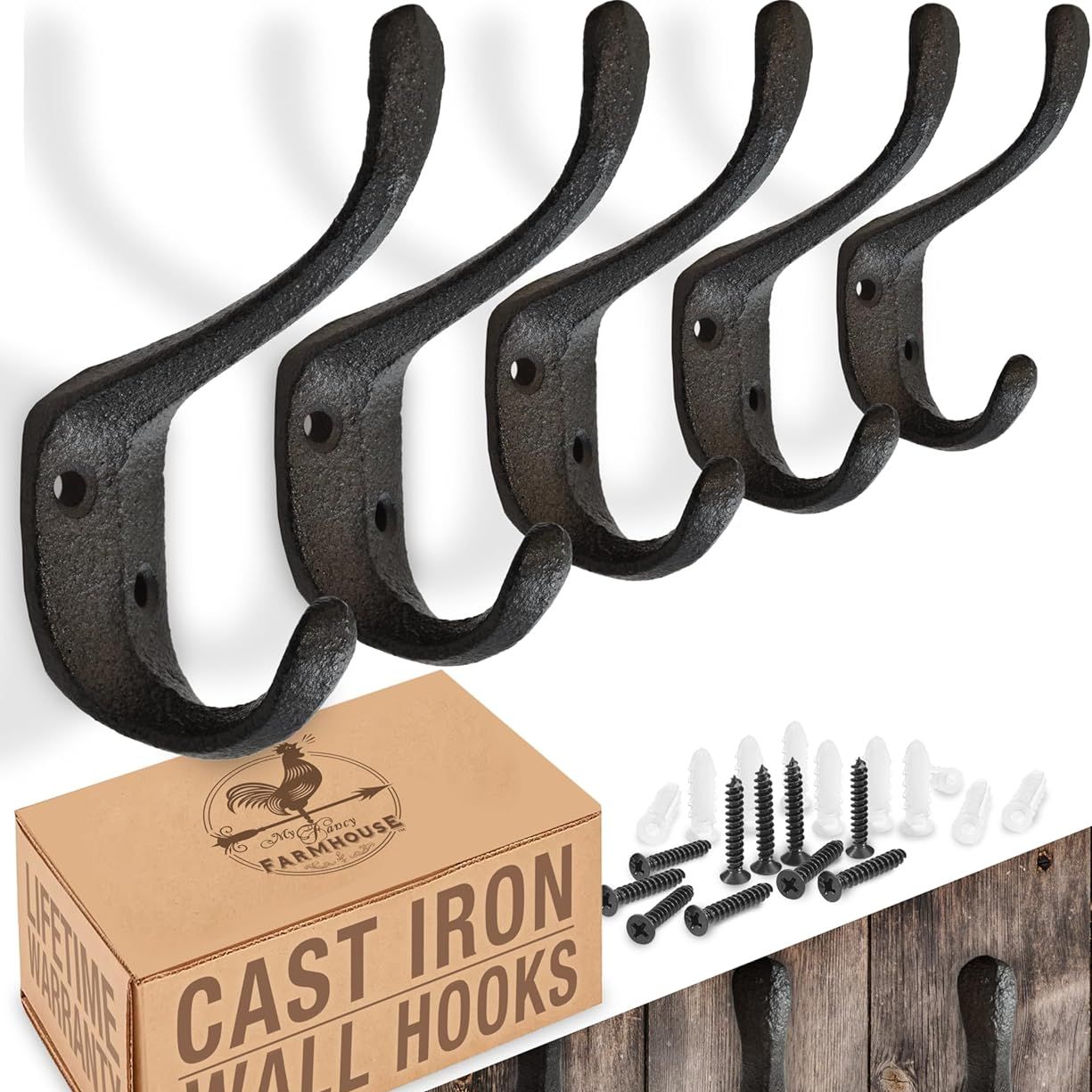 Rustic Cast Iron Coat Hooks (5 Pack) - Wall Mounted Farmhouse Decorative Vintage Hooks for Hanging Coats, Bags, Hats, Towels (black, Large Spoon)