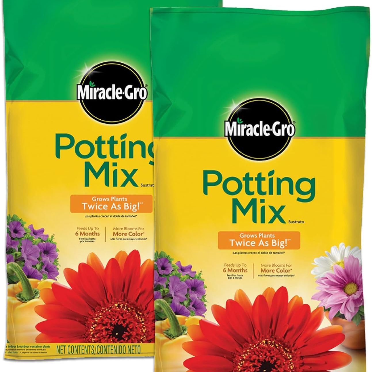 Miracle-Gro Potting Mix, for Container Plants, Flowers, Vegetables, Annuals, Perennials, Shrubs, Feeds for Up to 6 Months, 16. Qt., 2-Pack
