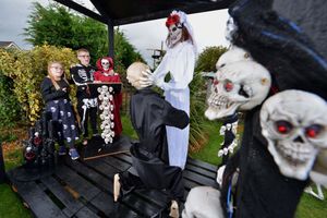 Meadow Road, Craven Arms with (Front) Kerry and Rob Laban who live at the house.  Kerry and Robs children: Amber 15 and Leo 13 Laban at the scariest wedding in town.