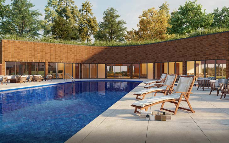 A pool is surrounded by a building with grass roofs