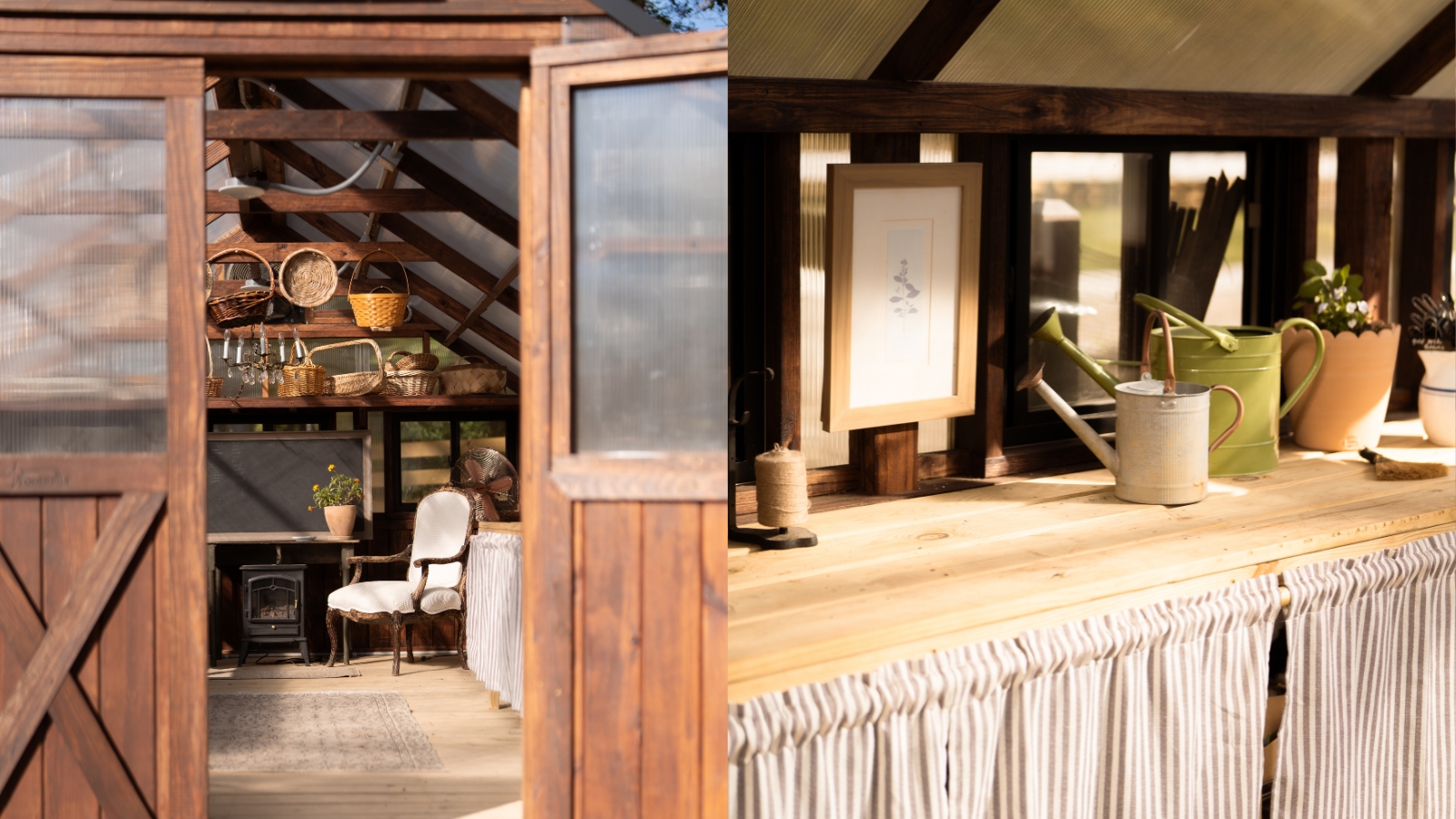 Looking through doors into greenhouse with vintage baskets, watering cans and antique chairs