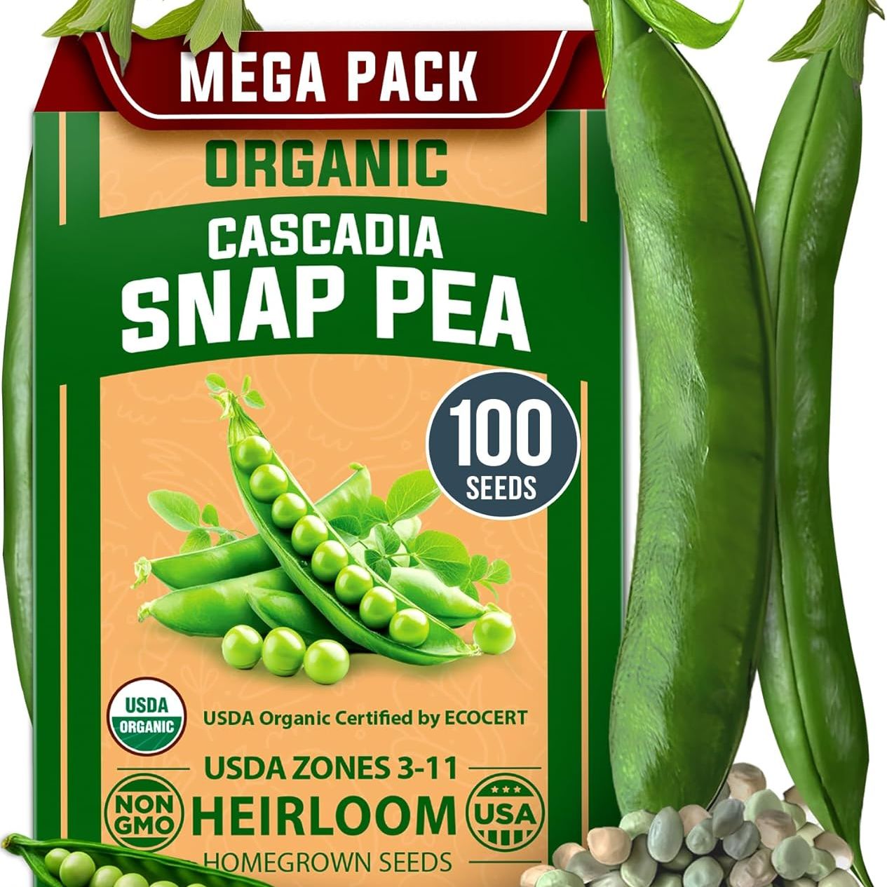 Home Grown - Snap Pea Seeds for Planting - Organic, Heirloom Cascadia Variety - 100 Non-Gmo Vegetable Seeds - Cool Season Crop for Containers - Sweet Flavor, Fast Germination (pisum Sativum)