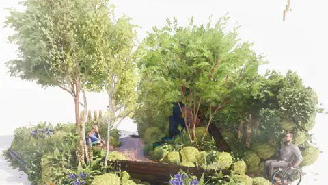 Zoe Claymore Painting of the nature reserve area which includes a walk way, a bench and trees, with plants/shrubbery below. A man in a wheelchair is on the path and there is a girl sitting on a bench. 